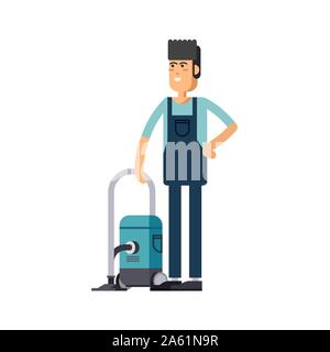Worker of cleaning service. A man dressed in a uniform with a vacuum cleaner. Vector illustration in a flat style Stock Vector