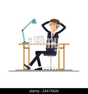 Cool vector flat character design on office businessman working in office behind her desk with desktop computer listening music wearing headphones. Bu Stock Vector