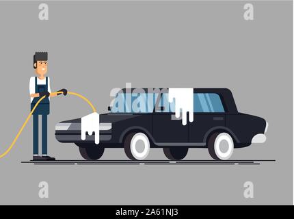Worker washing a car at the carwash. Cool vector flat illustration on clean car. Stock Vector