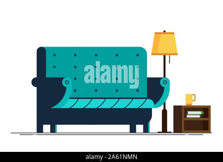 Flat illustration cozy home stuff. Sofa and floor lamp with stand isolated object on white background. Stock Vector