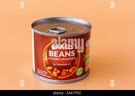 Small 200g tin of baked beans & pork sausages by Sainsburys. UK Stock Photo