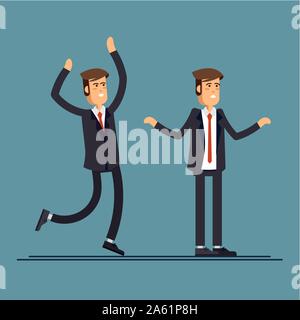 Vector flatt illustration of character in good and bad mood. Businessman showing happy and sad feeling emotions Stock Vector