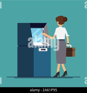 Business woman withdraws money from an ATM. Vector illustration in a flat style Stock Vector