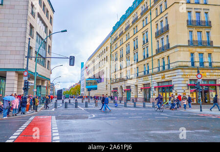 BERLIN, GERMANY - OCTOBER 3, 2019: The view on wide Wilhelmstrasse, one of the central streets in historical district and surrounded with monumental e Stock Photo