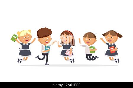 Happy pupils are jumping against a white background. Group of primary school students. Vector illustration in cartoon style Stock Vector