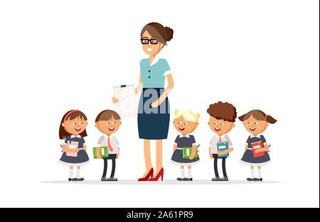 Teacher and pupils of primary school together in the classroom. Boys and girls dressed in school uniforms are holding textbooks. Vector illustration i Stock Vector