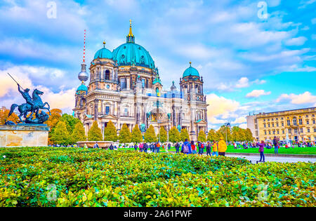 BERLIN, GERMANY - OCTOBER 3, 2019: The huge Berlin Cathedral building with two bell towers and massive dome is the main landmark of Lustgarten park, o Stock Photo