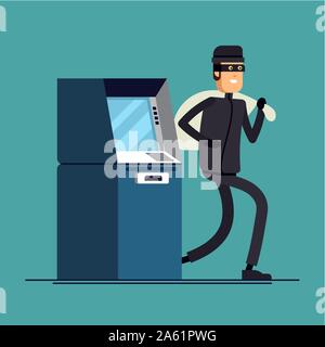 Vector flat illustration thief steals money from ATM, blue cash machines, in black suit, robber in mask. Criminal person Stock Vector