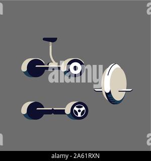 Segway. Monowheel or Solo wheel. Hoverboard or Gyroscooter. Set of vector illustrations. Self-balancing electric scooter. Alternative Eco Transport is Stock Vector