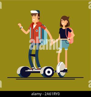 Young man on mini segway and woman on electric scooter mono wheel holding hands. Vector flat illustration. Mono wheel and mini segway as urban persona Stock Vector
