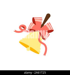 Flat illustration of golden school bell with red ribbon icon Stock Vector