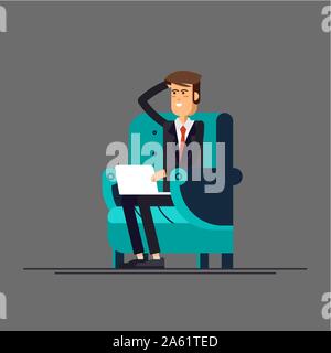 Cool vector illustration of office worker character sitting in cozy armchair. Business man using laptop Stock Vector