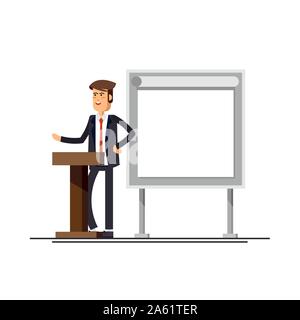 Simple and trendy vector concept design on male office worker giving presentation. Friendly businessman standing next to blank presentation screen hol Stock Vector