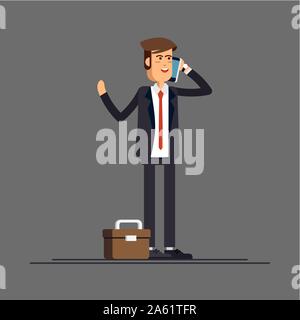 Businessman or manager in a business suit standing and talking on the phone. Vector flat illustration Stock Vector