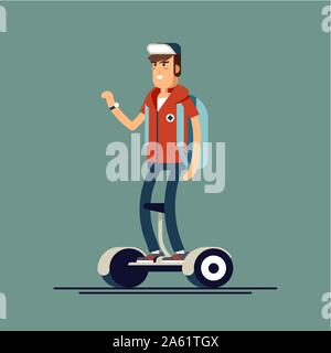 Young man riding on electric gyroscooters. Vector flat illustration of modern device gyroscooters. Gyroscooters urban personal transport Stock Vector