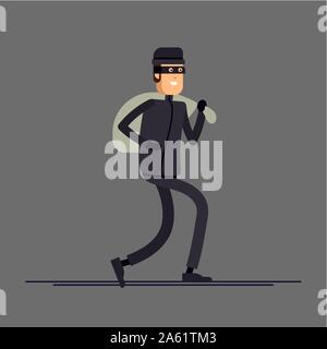 Cool vector flat character design on burglar. Criminal, thief or robber standing and crouching with balaclava mask . Sneaking and standing unfriendly Stock Vector