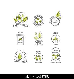 Vector set of stevia labels, logos, badges and icons. Natural sweetener design element. Organic stevia icon isolated. Eco safe stevia badge design. Stock Vector
