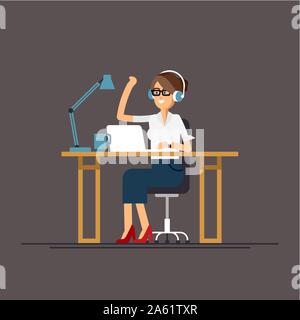 Cool vector flat character design on office business woman working in office behind her desk with laptop computer listening music wearing headphones. Stock Vector