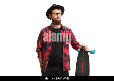 Male hipster standing and holding a longboard isolated on white background Stock Photo