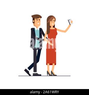 Cool flat character design on young hipster couple standing posing together full length taking photos with mobile smart phone device. Couple taking se Stock Vector
