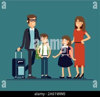 Cool vector flat design family portrait. Family members standing together. Teenage girl, school age boy and standing together. Happy family characters Stock Vector