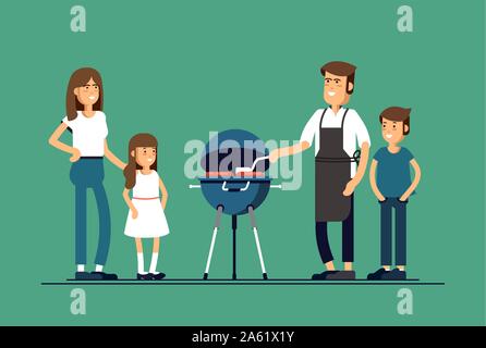 Happy family at a picnic is preparing a barbecue grill outdoors. Vector illustration in a flat style. Family barbrcue party Stock Vector