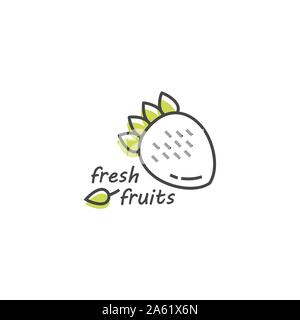 Green and organic products label or badge - icons and illustrations related to fresh and healthy food -natural and organic. Fresh fruits. Strawberry Stock Vector