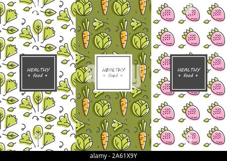 Vector set of design elements, patterns and backgrounds for organic, healthy and vegan food packaging - green labels and emblems for vegetarian produc Stock Vector