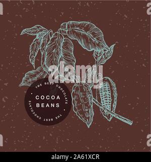 Cocoa beans branch colorful illustration. Engraved style illustration. Chocolate cocoa beans. Vector illustration Stock Vector