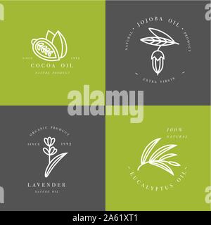 Vector set of packaging design templates and emblems - beauty and cosmetics oils - cocoa, lavender, jojoba and eucalyptus. Logos in trendy linear styl Stock Vector