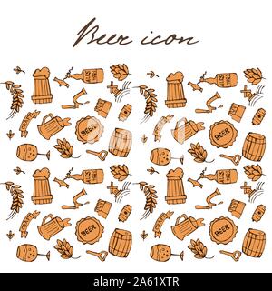 Set of beer related doodle icons. Hand drawn sketches. Isolated vector illustration. Stock Vector