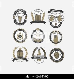 Set of linear brewery logos. Labels with bottles and hops. Vintage craft beer retro design elements, emblems, symbols, and icons or pub labels, badges