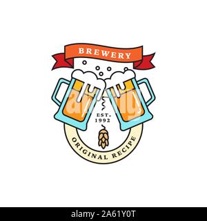Linear brewery logos. Labels with glass of beer and hops. Vintage craft beer retro design elements, emblems, symbols, and icons or pub labels, badges