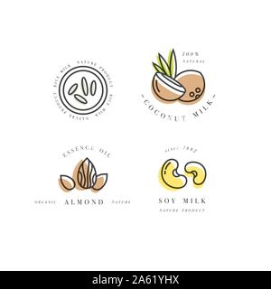 Vector set of packaging design elements and icons in linear style - almond, coconut, rice and soy milk - healthy vegan drinks. Logo sign Stock Vector