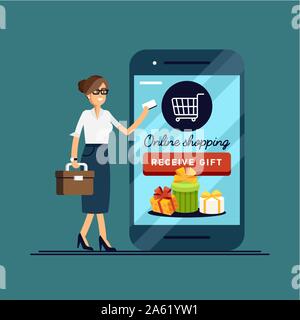 Vector illustration woman shopping online with phone credit card. Business conceptual illustration. Profitable online shopping Stock Vector