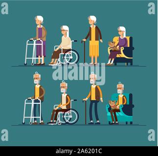 Set of elderly persons. Grandfathers and granfathers in a wheelchair and with walking stick and paddle walker. Vector illustration in a flat style. El Stock Vector