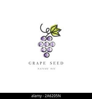 Vector set of packaging design element and icon in linear style - grape seed oil - healthy vegan food. Logo sign Stock Vector