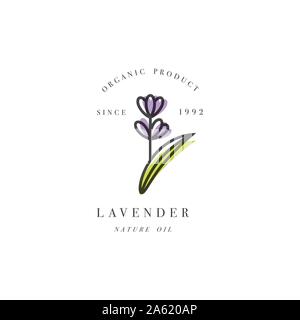 Vector set of packaging design template and emblem - beauty and cosmetic oil - lavender. Logo in trendy linear style Stock Vector