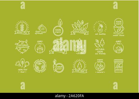 Vector set of organic products labels and badges - collection of different icons and illustrations related to fresh and healthy food -natural, vegan, Stock Vector