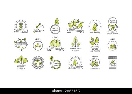 Vector set of organic products labels and badges - collection of different icons and illustrations related to fresh and healthy food -natural, vegan, Stock Vector