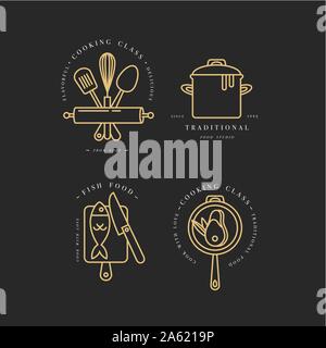 Cooking class linear design elements, set of kitchen emblems, symbols ...