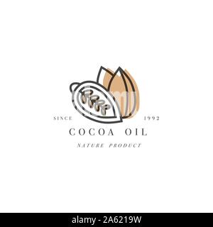 Vector packaging design template and emblem - beauty and cosmetics oil - cocoa. Logo in trendy linear style Stock Vector