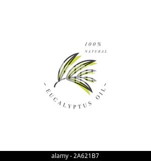 Vector packaging design template and emblem - beauty and cosmetics oil - eucalyptus. Logo in trendy linear style Stock Vector
