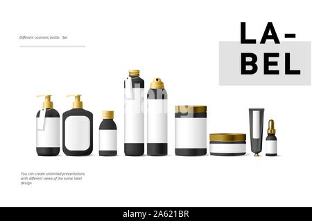 Realistic black cosmetic cream container and tube for cream, ointment, toothpaste, lotion Mock up bottle. Gel, powder, balsam, with empty label. Soap Stock Vector