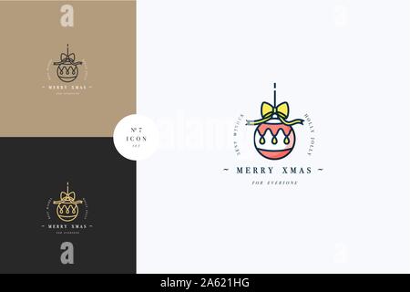 Lovely Merry Xmas concept linear design with Christmas ball. Greeting typography compositions Xmas cards, banners or posters and other printables. Stock Vector