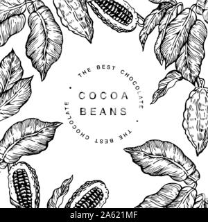 Cocoa bean tree design template. Engraved style vector illustration. Chocolate cocoa beans. Typography stamp or label Stock Vector