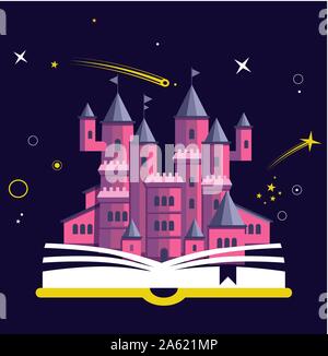 Imagination concept with opened book pink castle. Fairy, magical adventure book for kids. Stock Vector