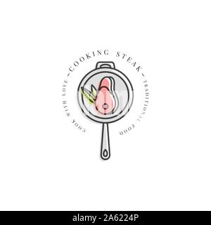 Cooking class linear design element, kitchen emblem, symbol, icon or steak cooking label. Logotype of grilled meat on a frying pan Stock Vector