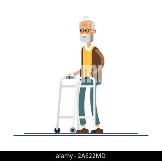 Grandpa walking with a walker. Vector illustration in a flat style. Old man in retirement Stock Vector