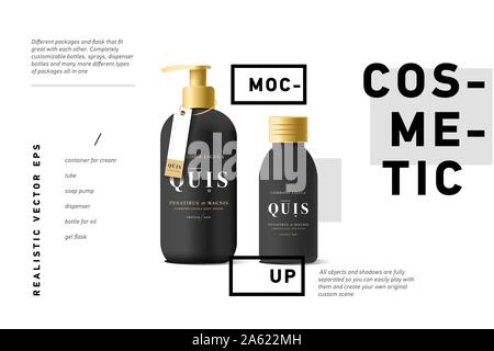 Realistic black bottle of liquid soap in white background. Cosmetic bottle for a cream, shampoo, oil, gel. Mock up. Batcher. Cosmetic products Stock Vector